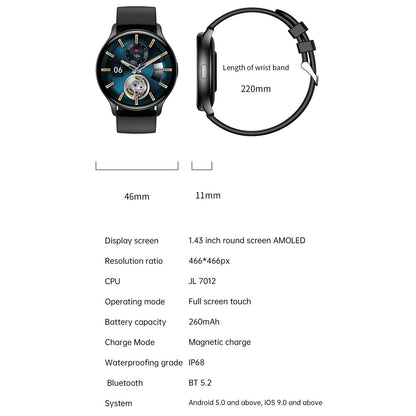 1.43 Inch Bt5.0 Ip67 Sport Smart Watch Support Bluetooth Call / Message Notification / Heart Rate / Blood Pressure Health Monitor - Black