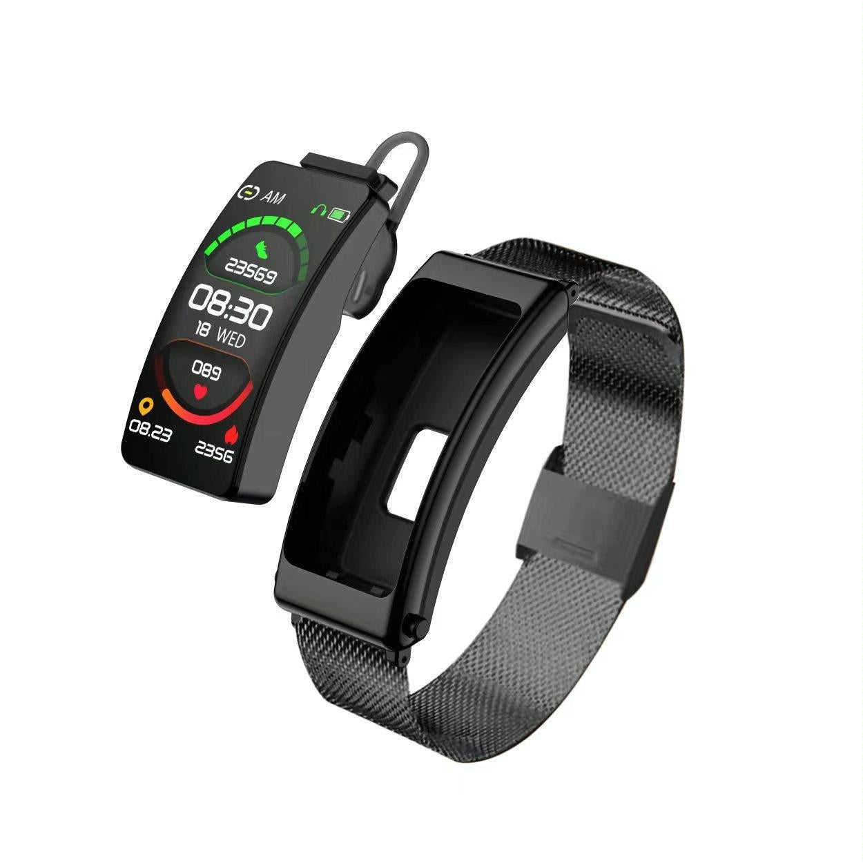 1.14 Inch Steel Band Earphone Detachable Smart Watch Support Bluetooth Call - Black