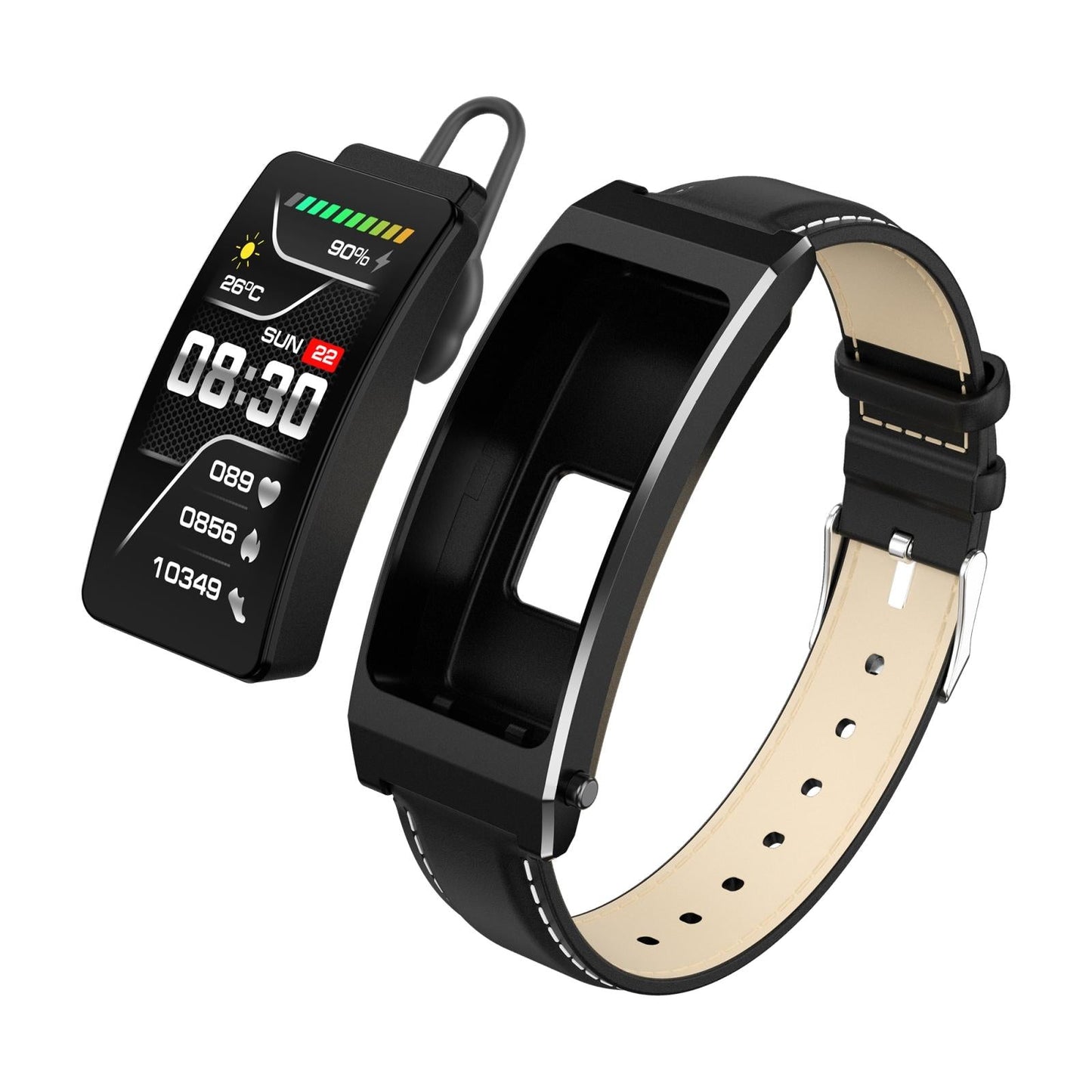 Smart Health Monitoring Bracelet With Bt Call And Leather Strap - Black Leather Strap