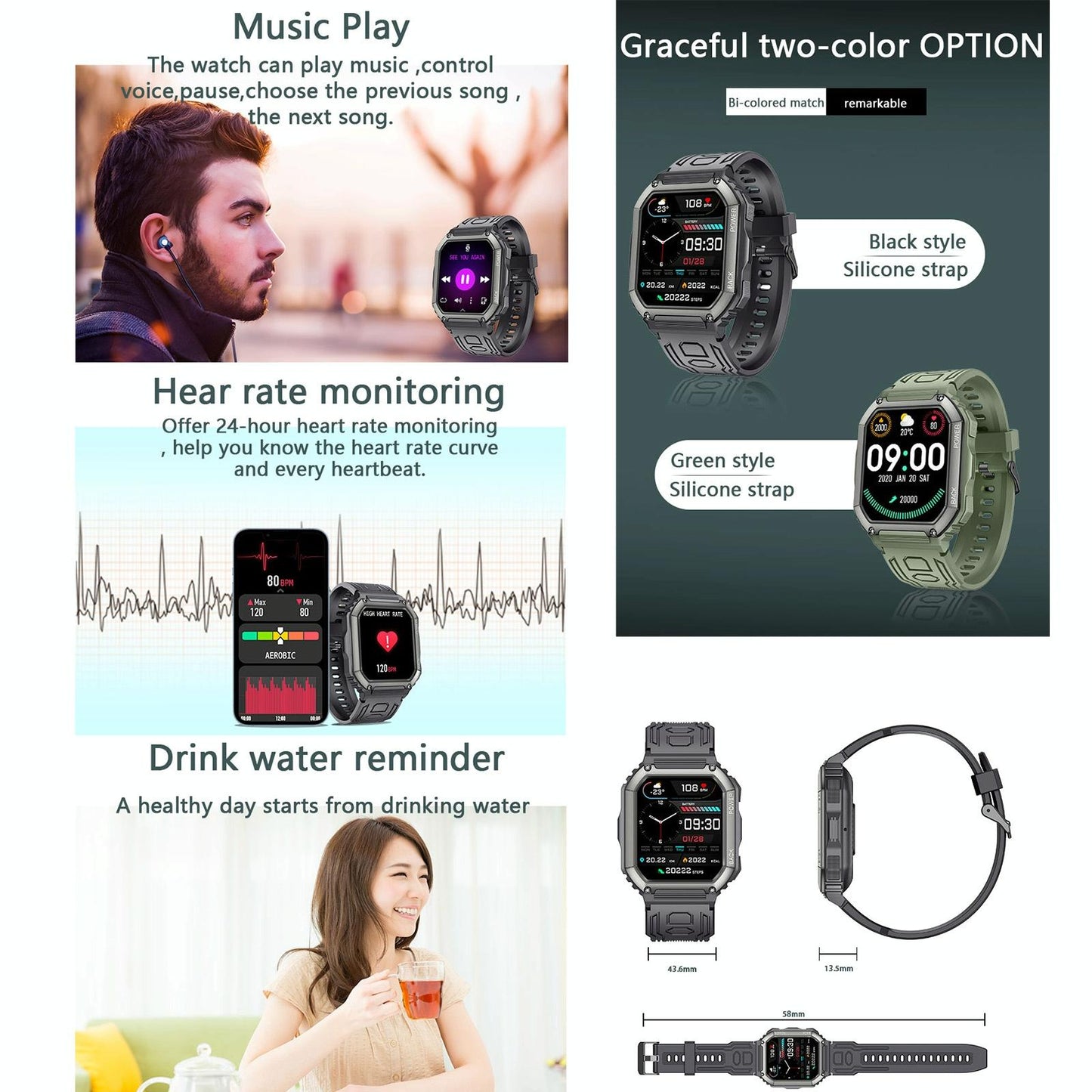 Waterproof Pedometer Sport Smart Watch Support Heart Rate / Blood Pressure Monitoring / Bt Calling - Camouflage Black