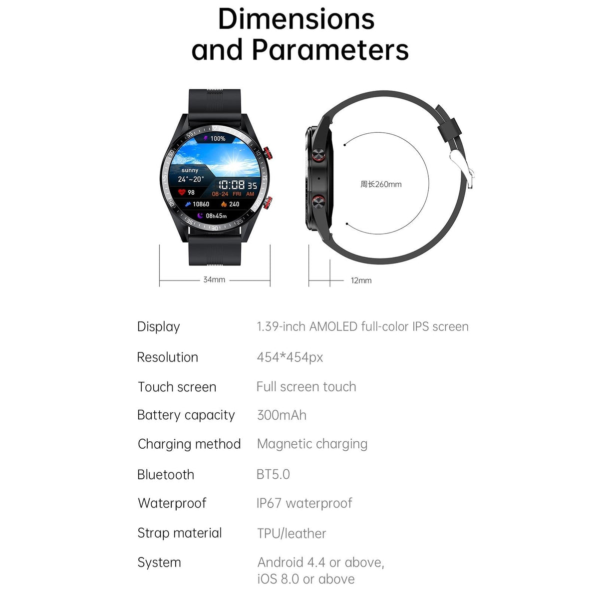 Leather Strap Amoled Smart Watch With Heart Rate And Blood Pressure Monitoring - Black