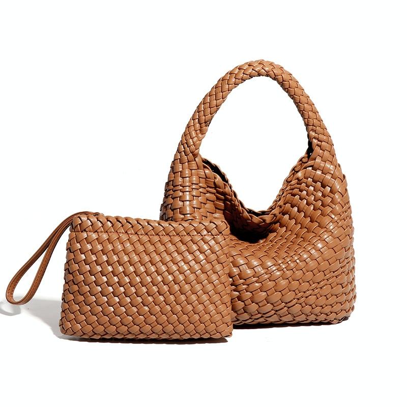 Apricot Hand Woven 2-in-1 Shoulder Bag - Brown