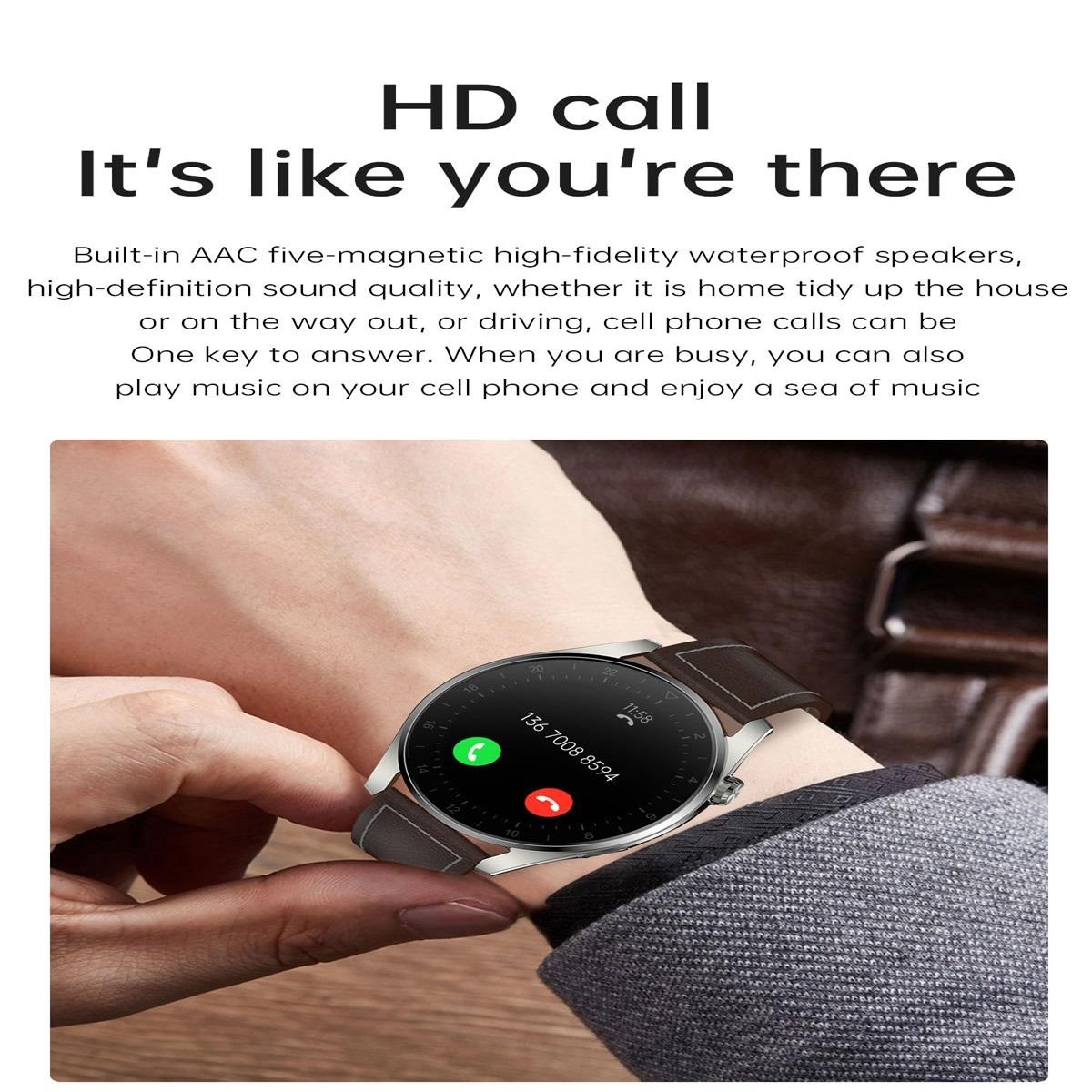 Waterproof Leather Smartwatch With Colour Display - Brown