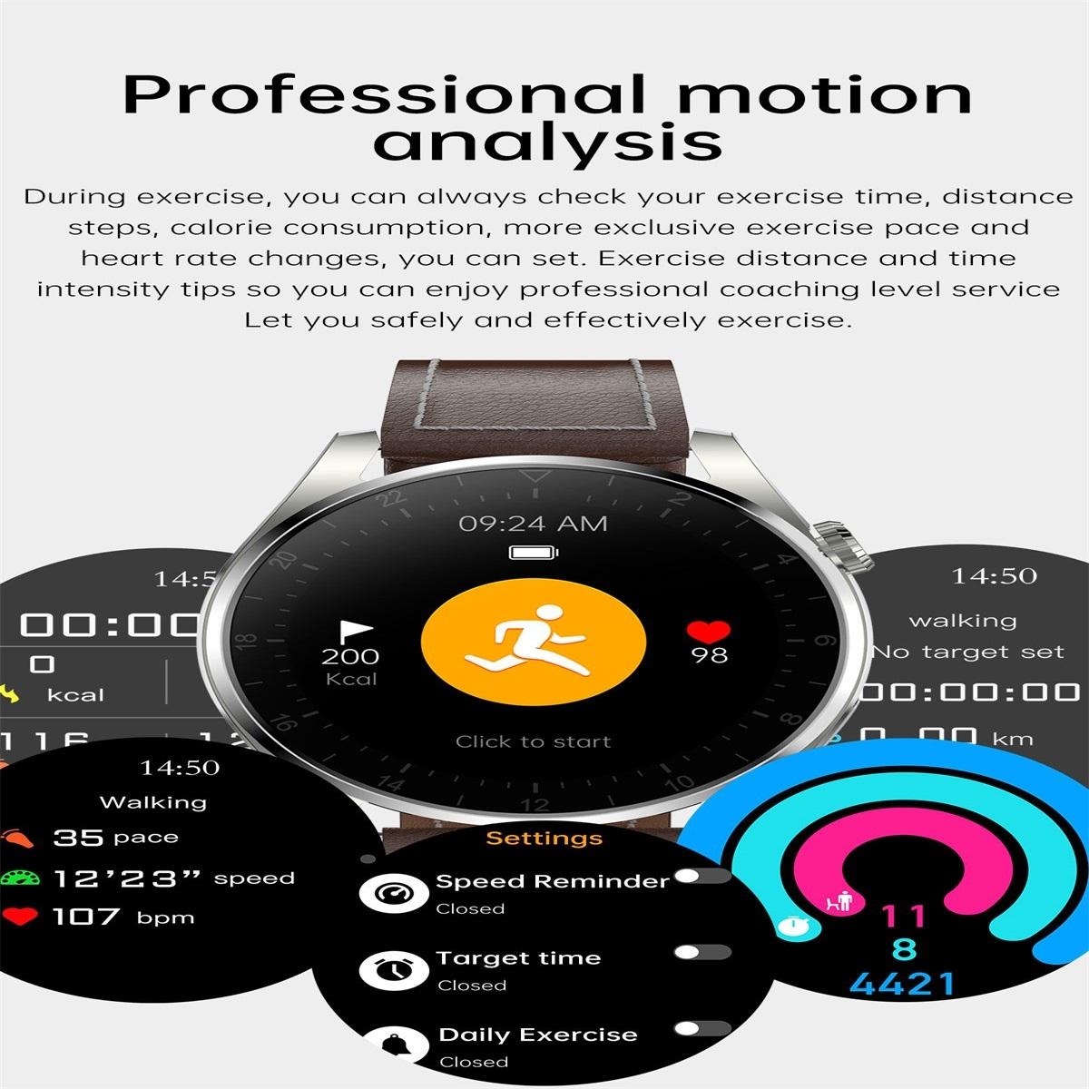 Waterproof Leather Smartwatch With Colour Display - Brown