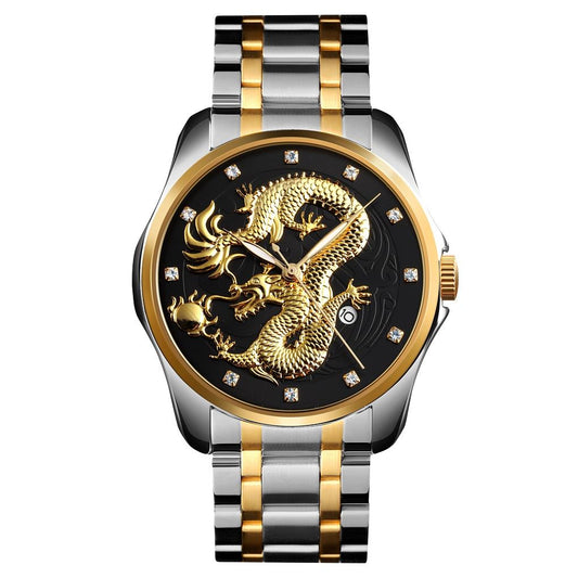 Men Golden Dragon Calendar Dial Quartz Watch with Luminous Hands - Silver Black