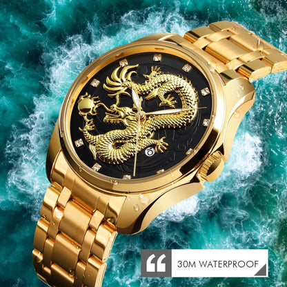 Men Golden Dragon Calendar Dial Quartz Watch with Luminous Hands - Silver Black