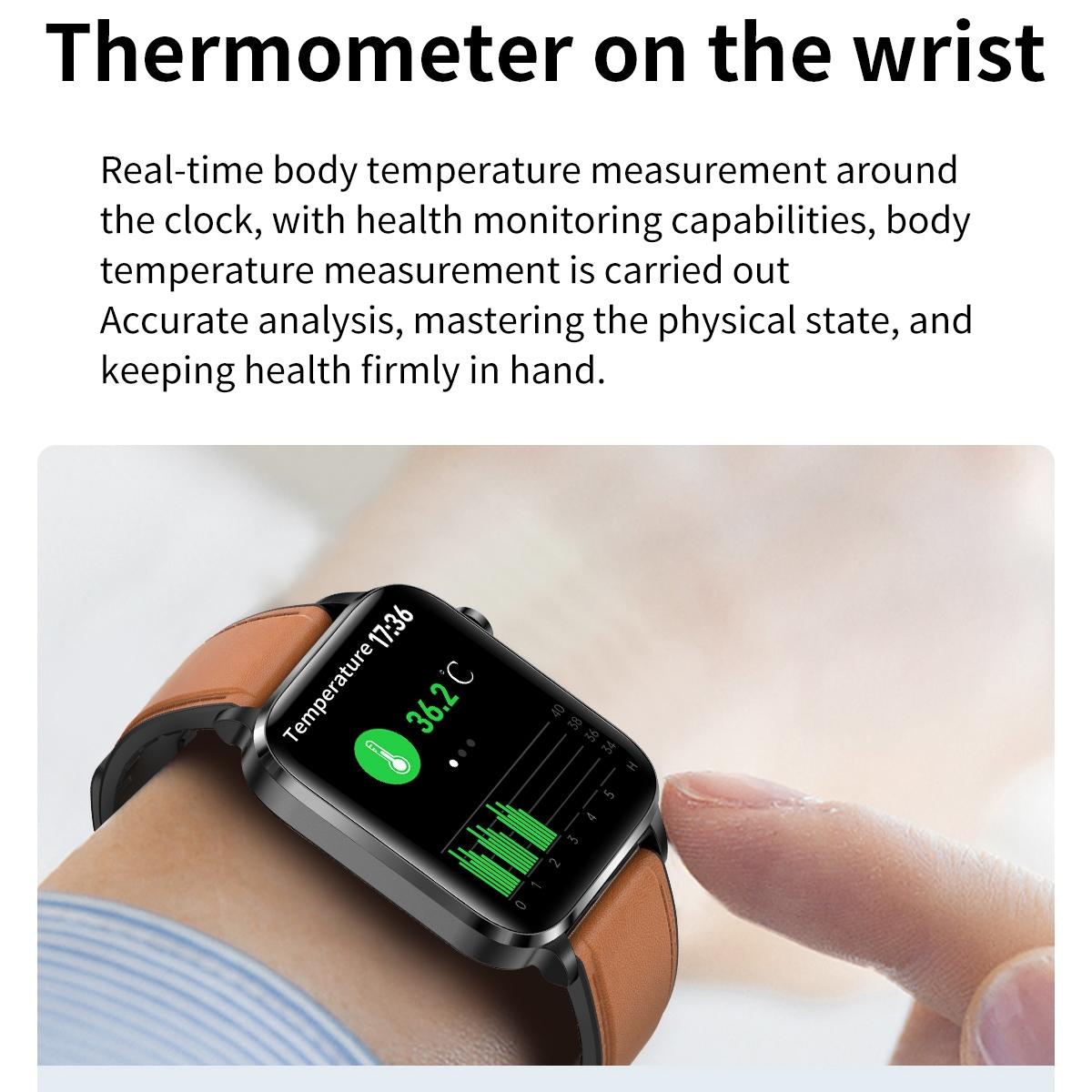 1.7 Inch Hd Square Screen Leather Strap Smart Watch Supports Body Temperature Monitoring / Blood Oxygen Monitoring - Brown