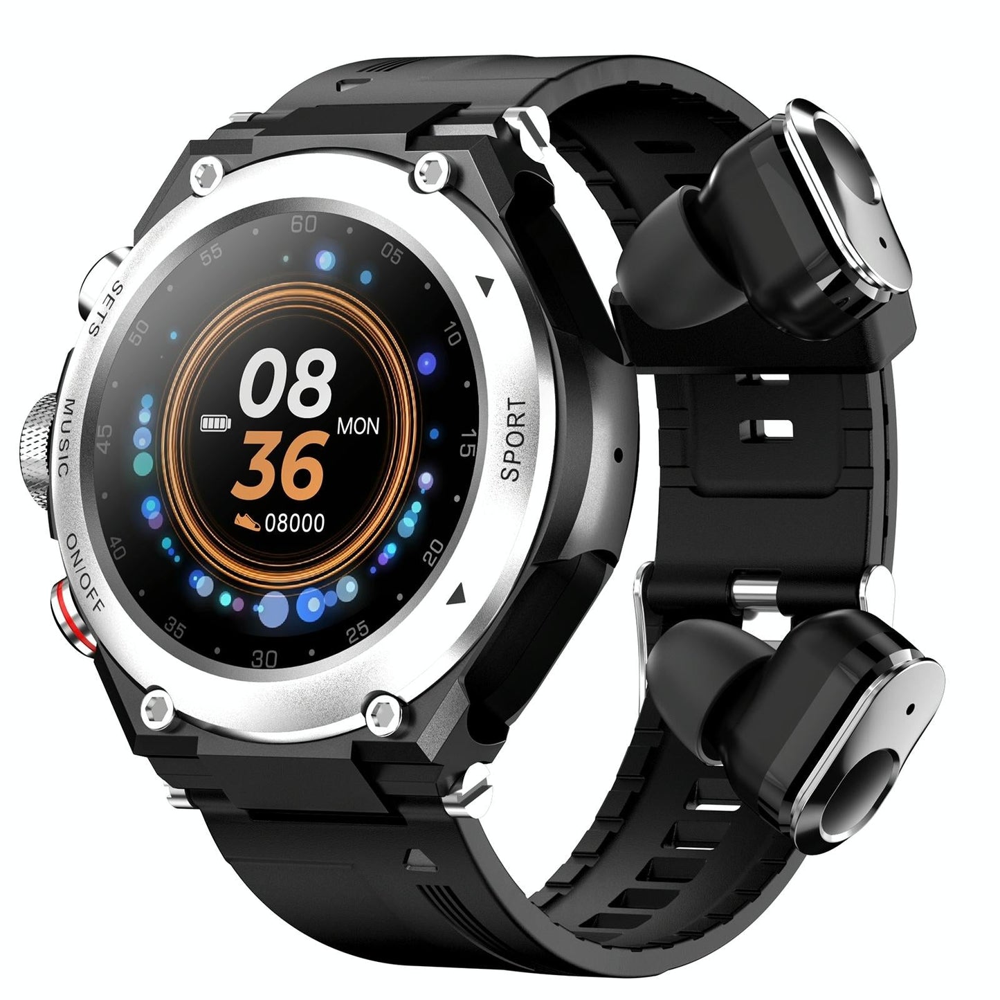 1.28 Inch Ips Touch Screen 2 In 1 Bluetooth Headset Smart Watch Support Heart Rate Monitoring / Bluetooth Music - Silver