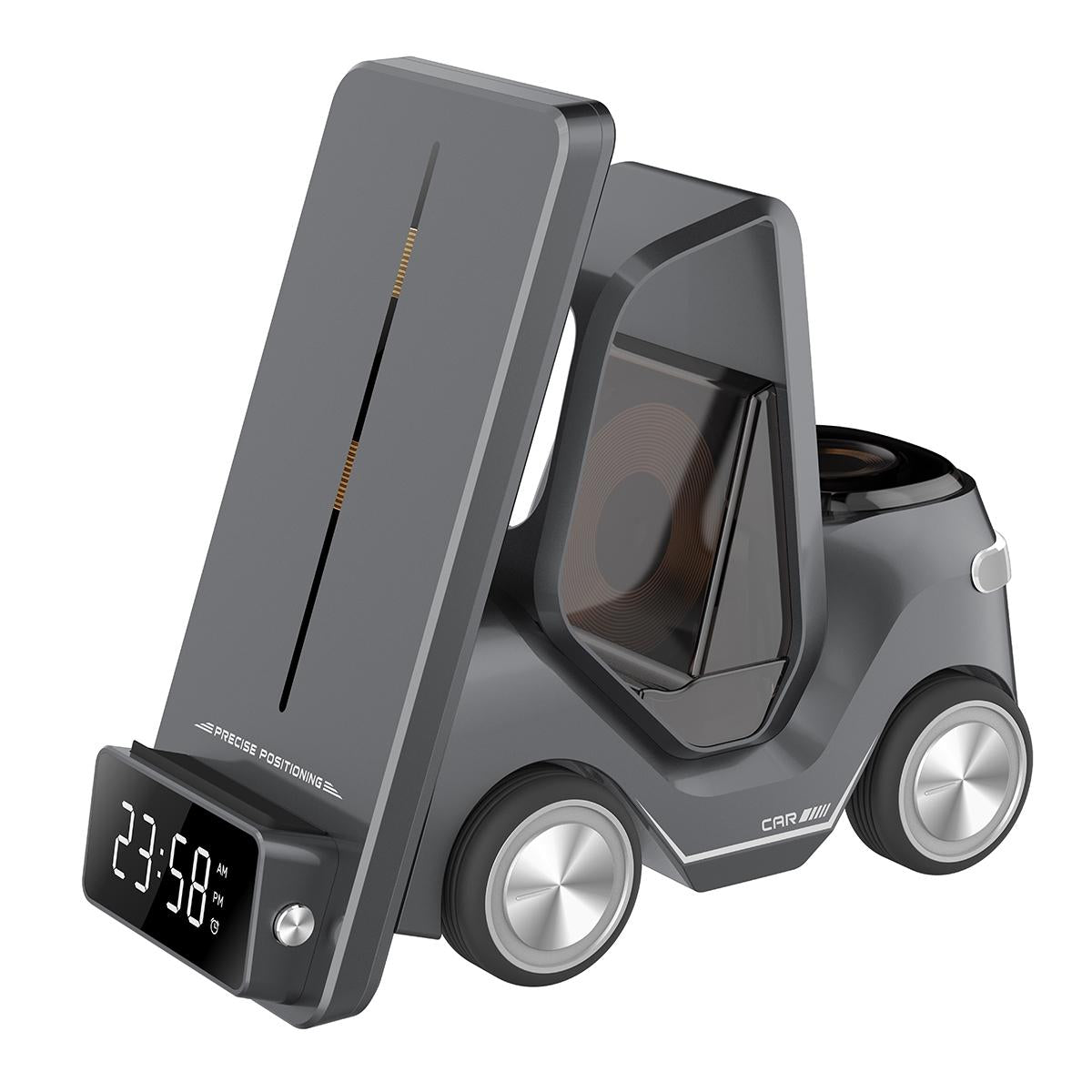 5 In 1 Car Desktop Alarm Clock With Wireless Charging - Gray