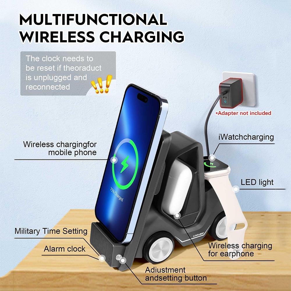 5 In 1 Car Desktop Alarm Clock With Wireless Charging - Gray