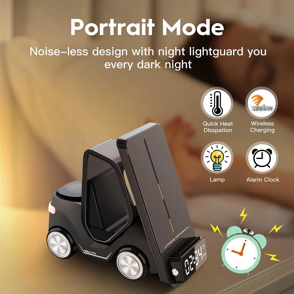 5 In 1 Car Desktop Alarm Clock With Wireless Charging - Gray