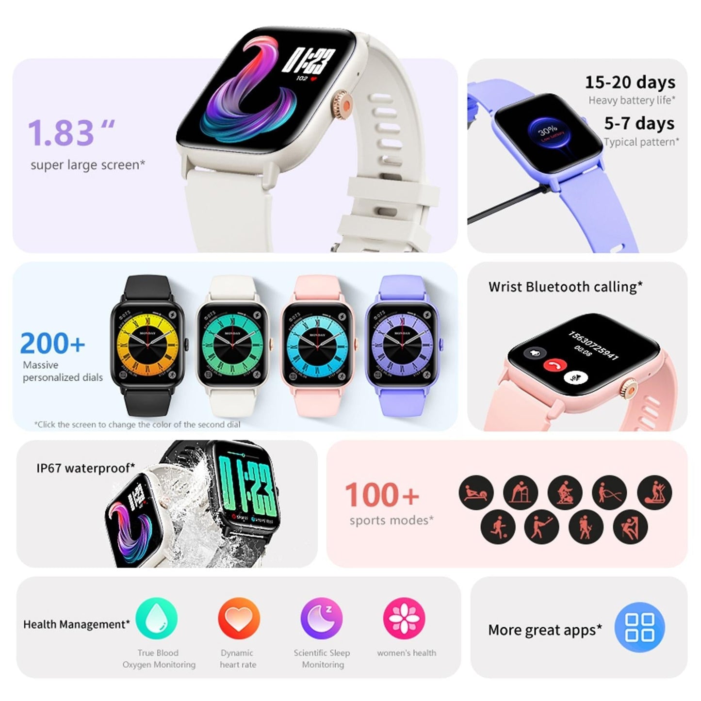 1.83 Inch Bt5.2 Smart Sport Watch Support Bluetooth Call / Sleep / Blood Sugar / Blood Oxygen / Heart Rate / Blood Pressure Health Monitor - Black