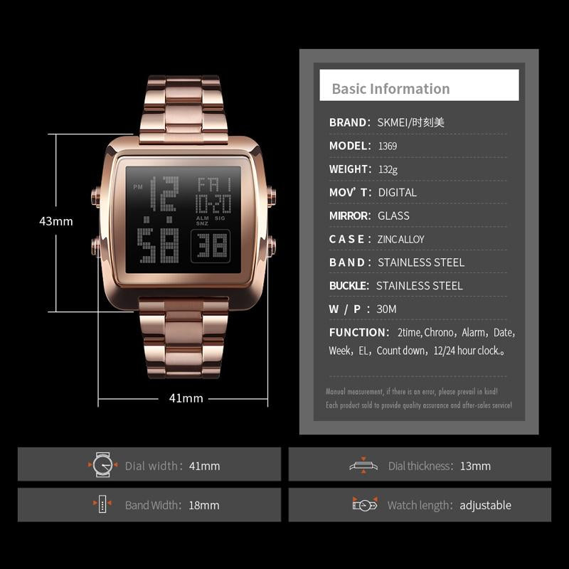 Vintage Gold Steel Square Watch - Waterproof & Luminous - Rose Gold