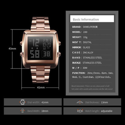 Vintage Gold Steel Square Watch - Waterproof & Luminous - Rose Gold