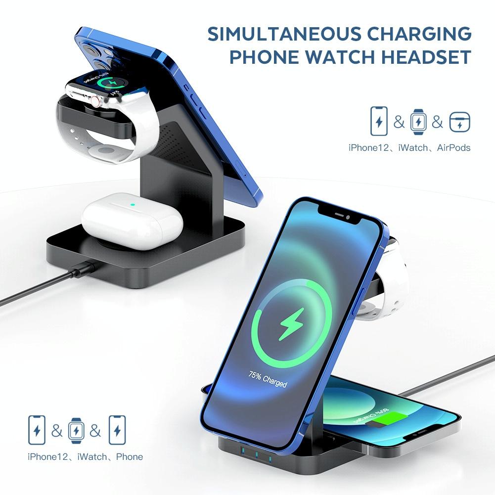 3 In 1 Magnetic Wireless Charger For Iphone Iwatch Airpods - Black