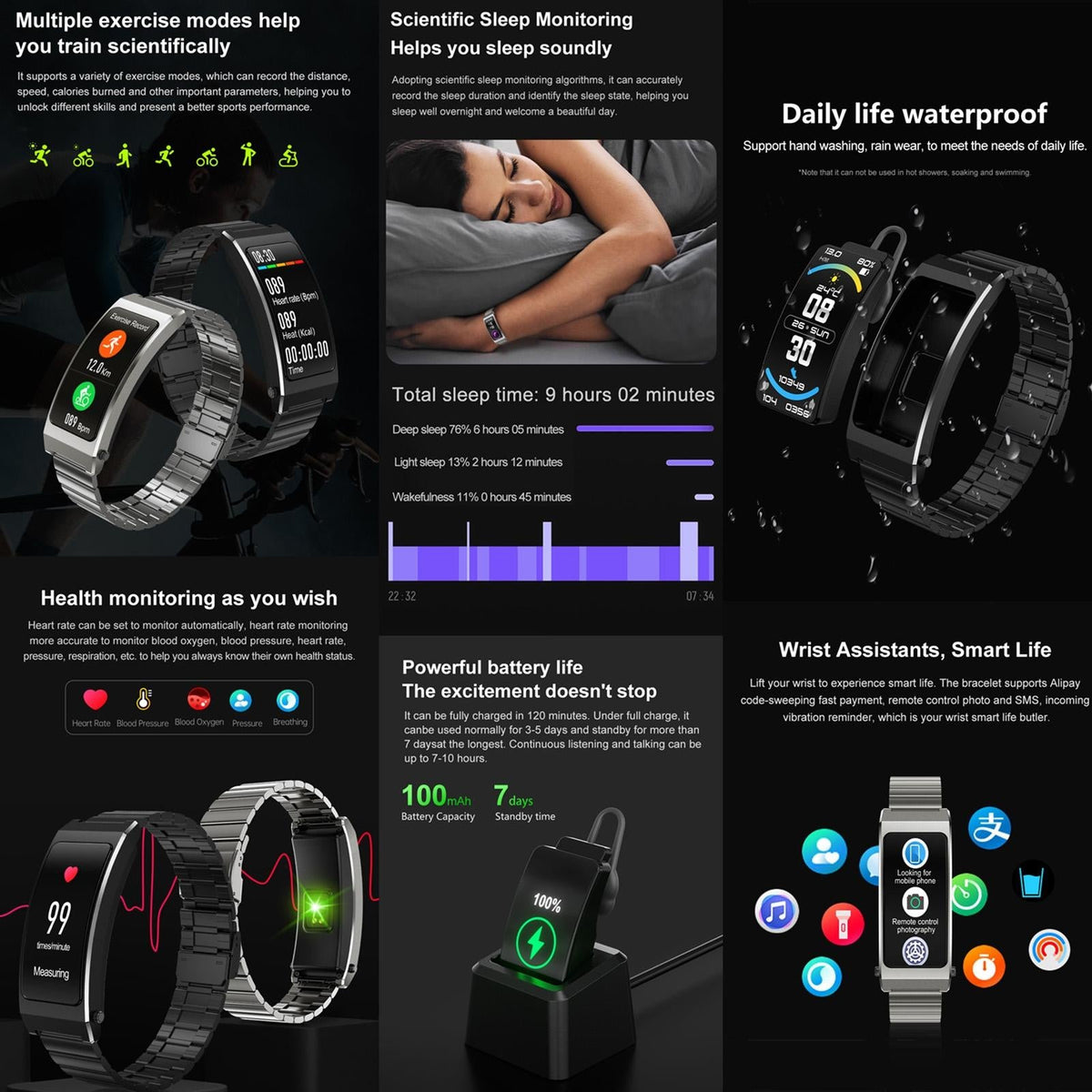 Smart Health Monitoring Bracelet With Bt Call And Leather Strap - Tarnish Silicone Strap