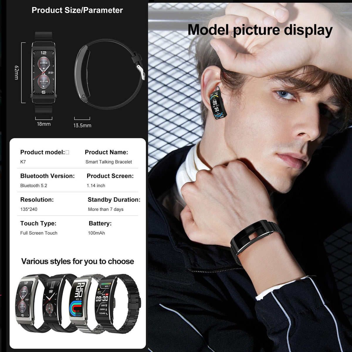 Smart Health Monitoring Bracelet With Bt Call And Leather Strap - Tarnish Silicone Strap