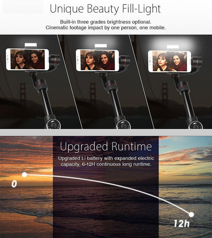 3-axis Gimbal Stabilizer with Tripod Mount & Fill Light for Smartphones - Black