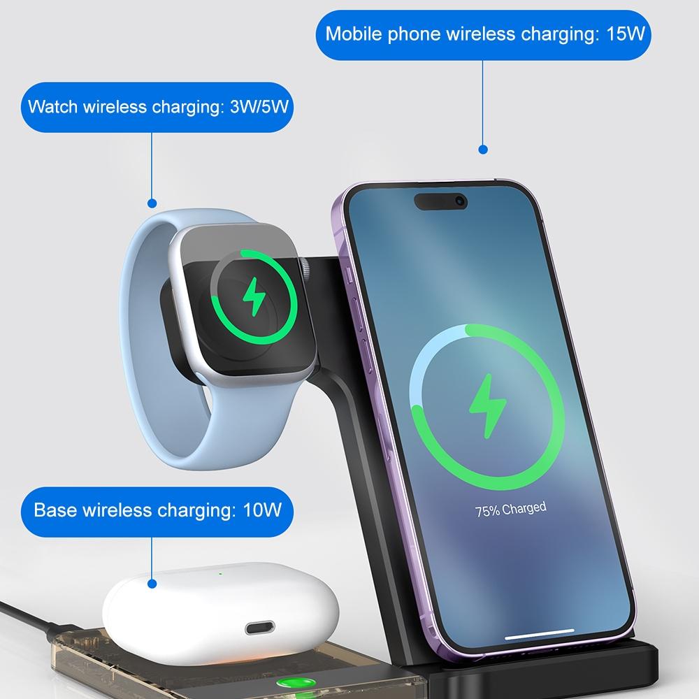 15W 5 In 1 Foldable Magnetic Wireless Charger With Night Light - Black
