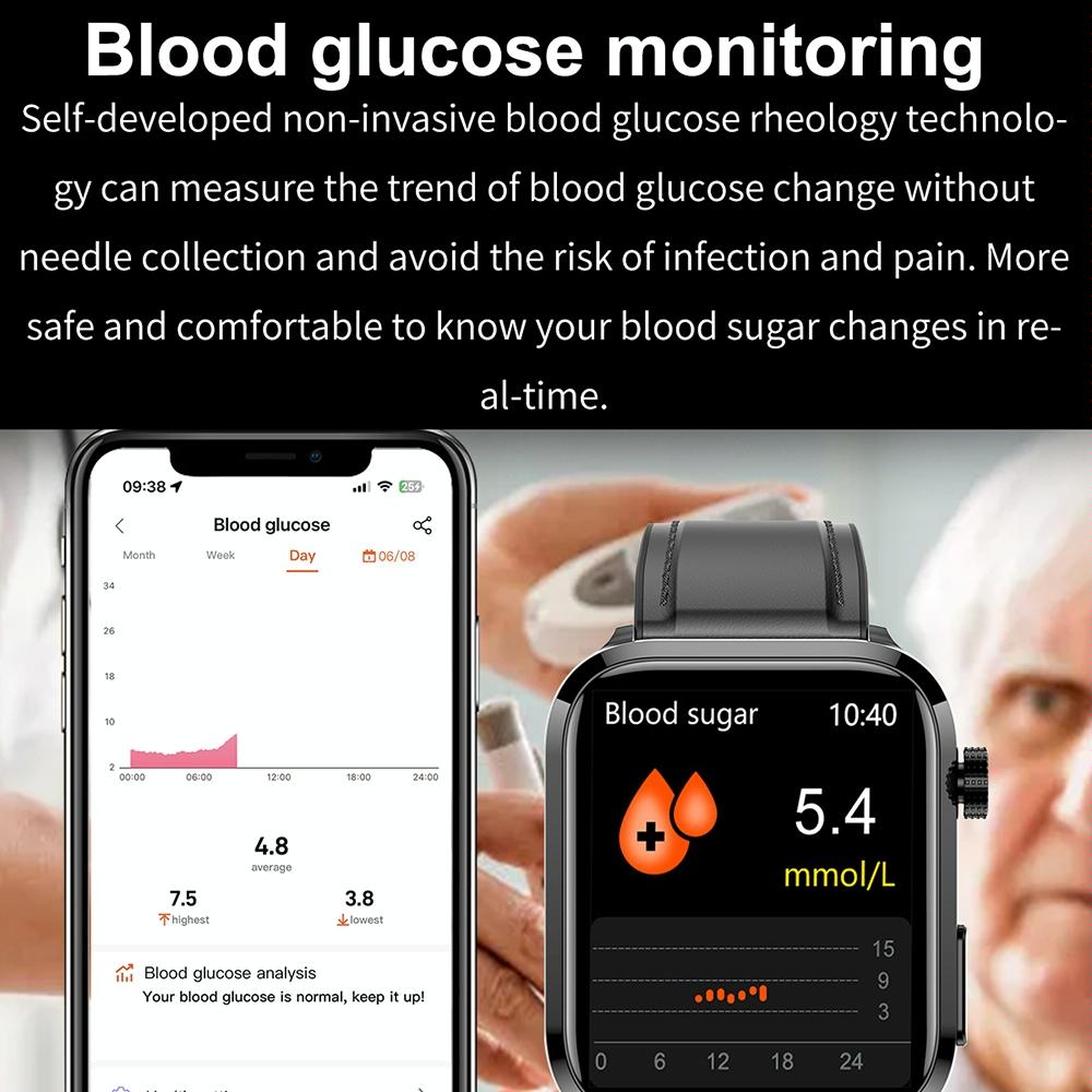 1.91 Inch Ips Screen Ip67 Waterproof Silicone Band Smart Watch Support Body Temperature Monitoring / Ecg - Black