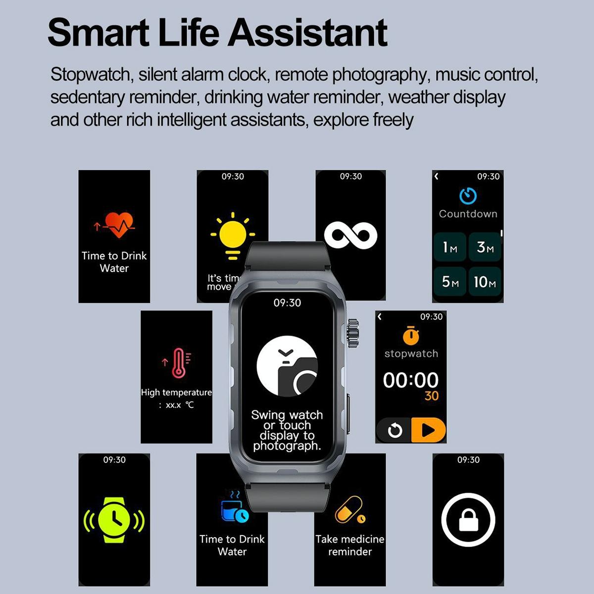 Waterproof Ecg Smart Watch For Health Monitoring - Ip68 - Blue