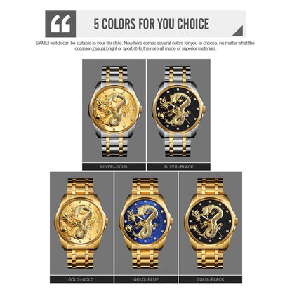 Men Golden Dragon Calendar Dial Quartz Watch with Luminous Hands - Gold