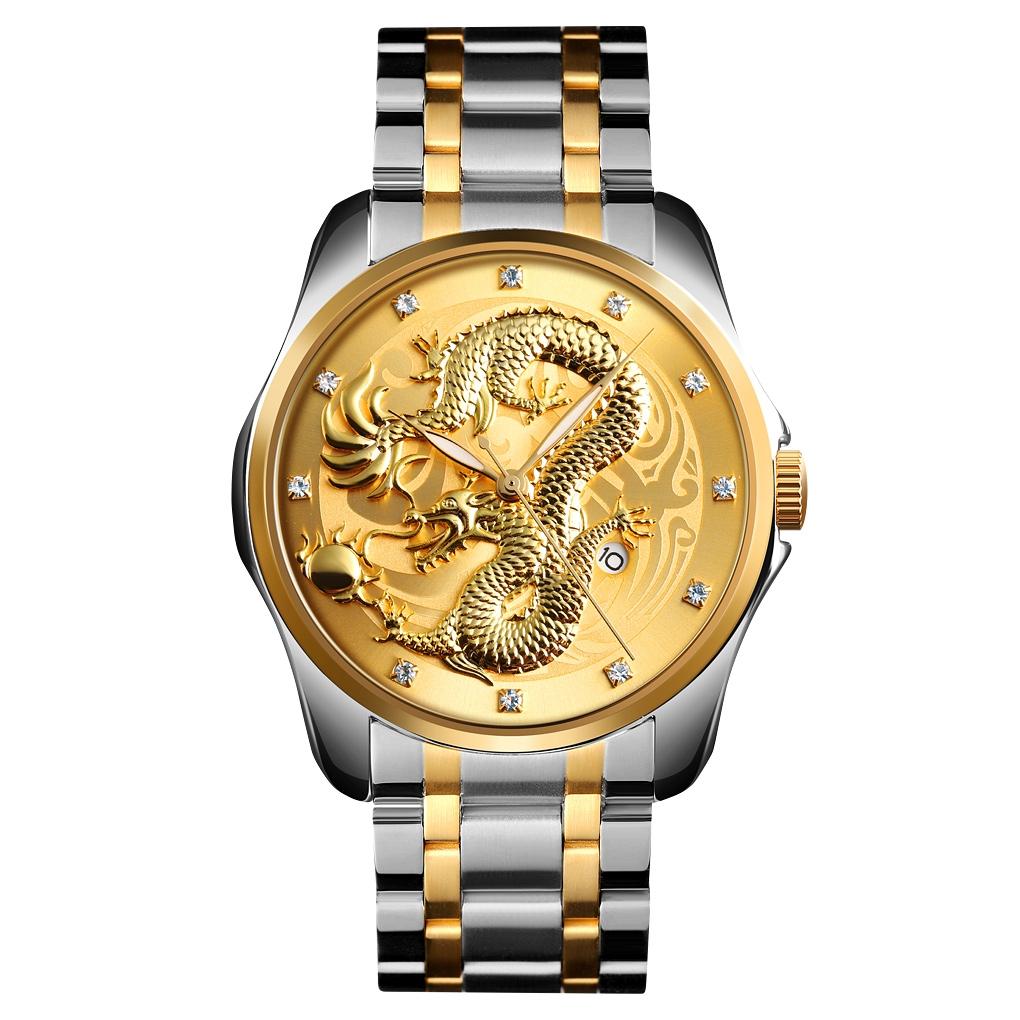 Men Golden Dragon Calendar Dial Quartz Watch with Luminous Hands - Gold