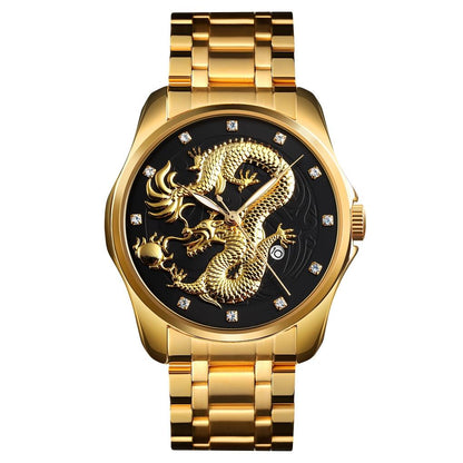 Men Golden Dragon Calendar Dial Quartz Watch with Luminous Hands - Gold