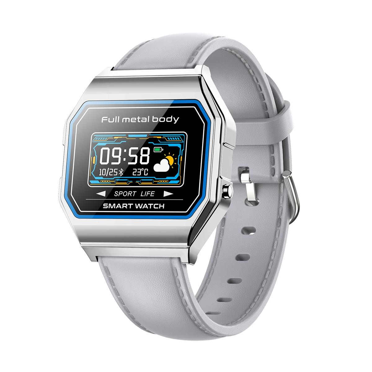 Leather Band Smartwatch With Waterproof Colour Screen - Grey