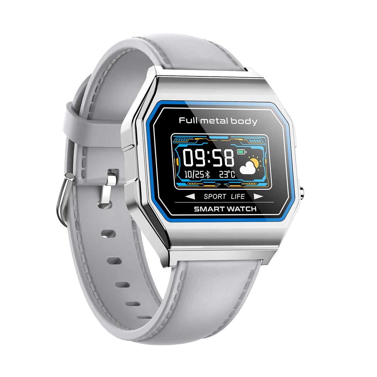 Leather Band Smartwatch With Waterproof Colour Screen - Grey