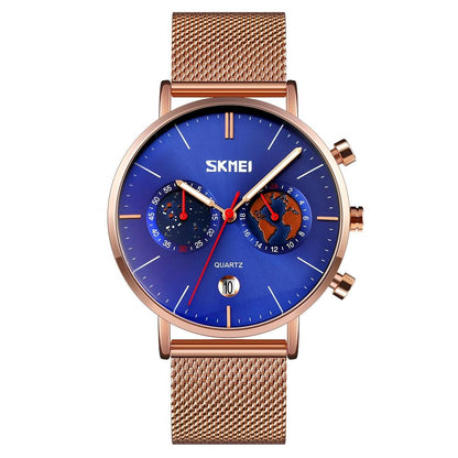 Men Stainless Steel Quartz Watch with Map Pattern Calendar - 9231 - Blue