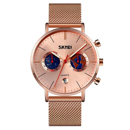 Men Stainless Steel Quartz Watch with Map Pattern Calendar - 9231 - Blue