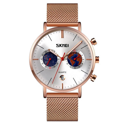 Men Stainless Steel Quartz Watch with Map Pattern Calendar - 9231 - Blue