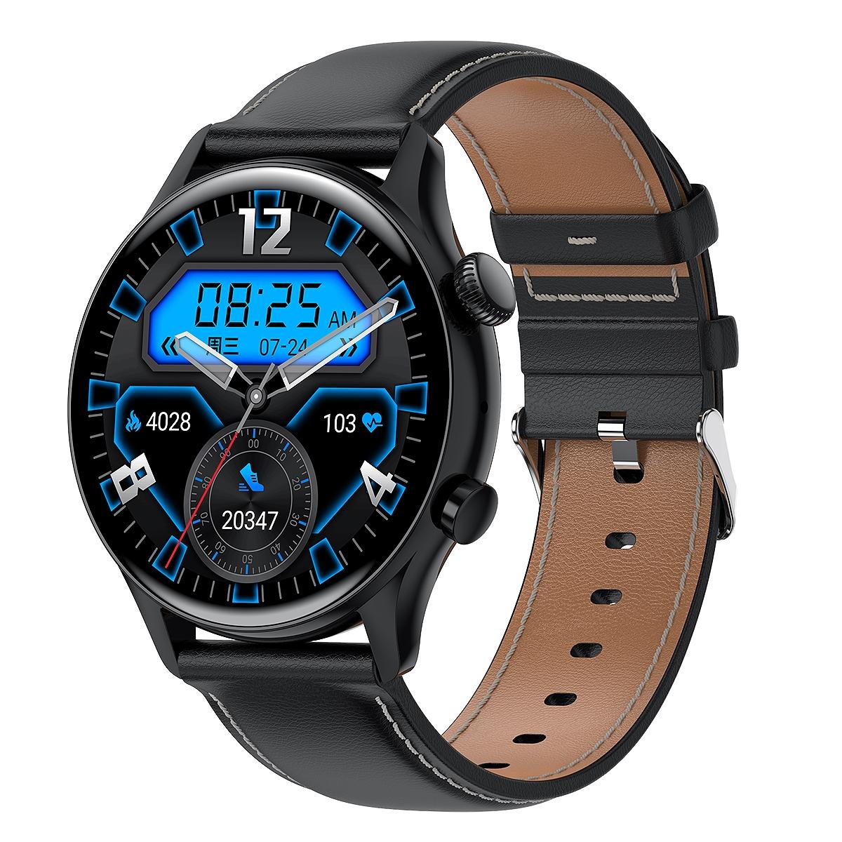 1.36 Inch Amoled Screen Leather Strap Smart Watch Support Nfc Function / Blood Oxygen Monitoring - Black