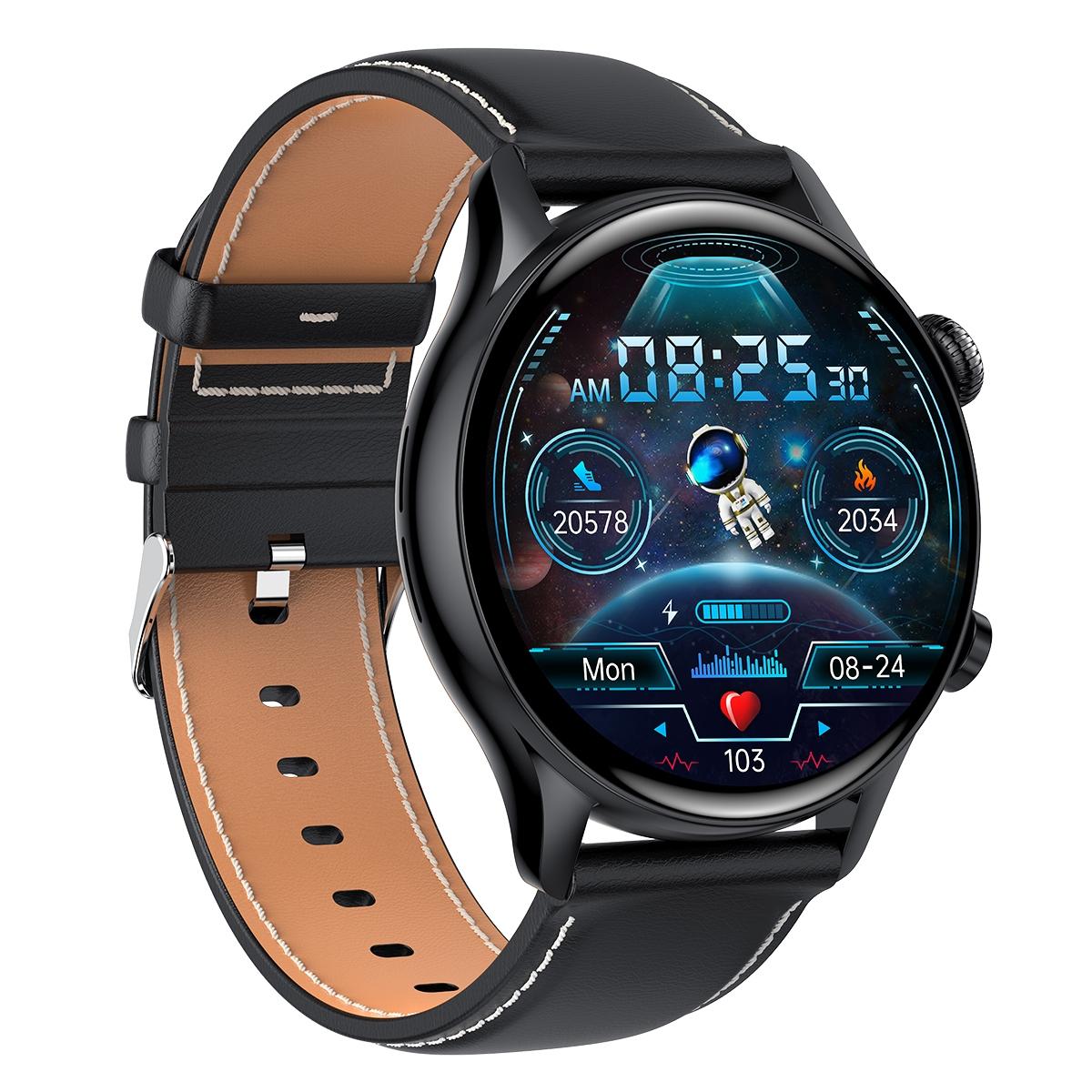 1.36 Inch Amoled Screen Leather Strap Smart Watch Support Nfc Function / Blood Oxygen Monitoring - Black
