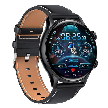 1.36 Inch Amoled Screen Leather Strap Smart Watch Support Nfc Function / Blood Oxygen Monitoring - Black
