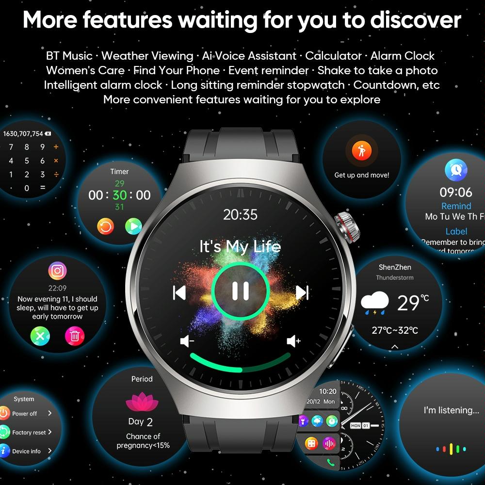 1.43 Inch Amoled Ip67 Smart Call Watch Support Ecg / Body Temperature / Blood Glucose Monitoring - Black