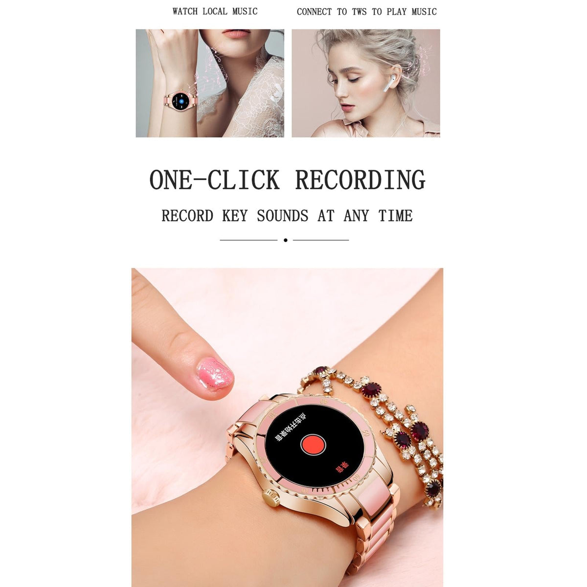Smart Bracelet With Touch Screen Heart Monitoring Voice Control And Cycle Reminder - Black