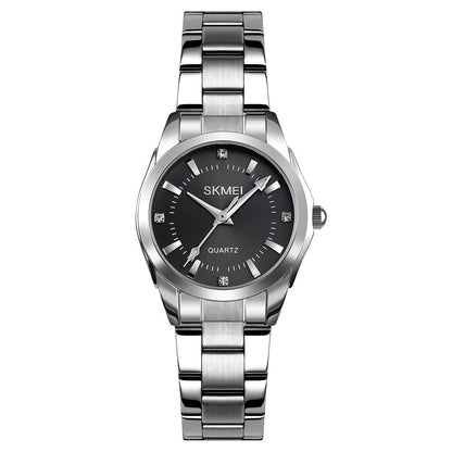 Waterproof Quartz Women Watch with Rhinestone Steel Strap - Delicate and Creative - Black
