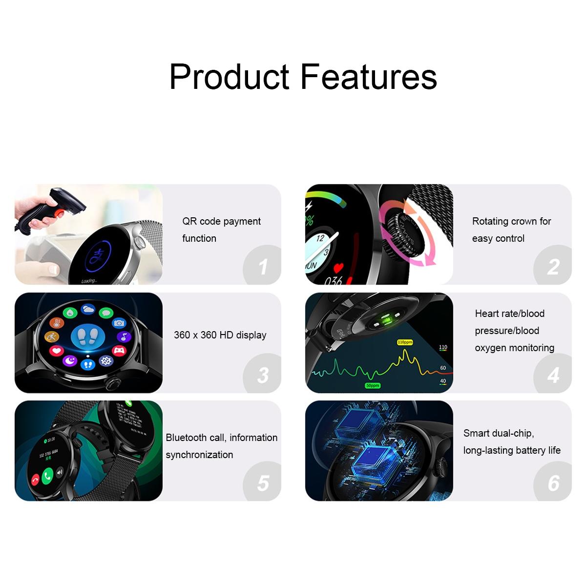 1.32 Inch Heart Rate Monitoring Smart Watch With Payment Function - Black Leather