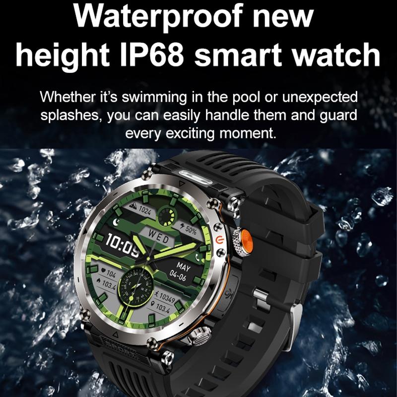 Waterproof Smart Watch With Flashlight And Compass - 1 Inch - Army Green