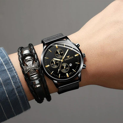 Men Three-eye Luminous Quartz Watch - Black / Gold