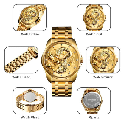 Men Golden Dragon Calendar Dial Quartz Watch with Luminous Hands - Gold Black