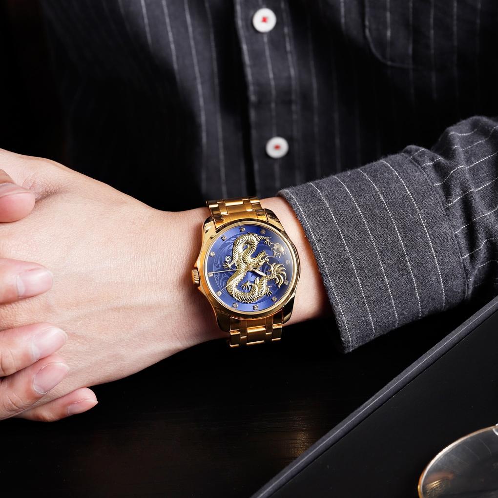 Men Golden Dragon Calendar Dial Quartz Watch with Luminous Hands - Gold Black