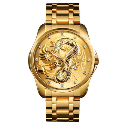 Men Golden Dragon Calendar Dial Quartz Watch with Luminous Hands - Gold Black