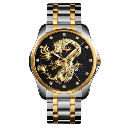 Men Golden Dragon Calendar Dial Quartz Watch with Luminous Hands - Gold Black