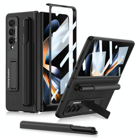 For Samsung Galaxy Z Fold4 5G Leather Case With Holder & Pen Slots - Thin & Shockproof - Carbon Fiber Texture