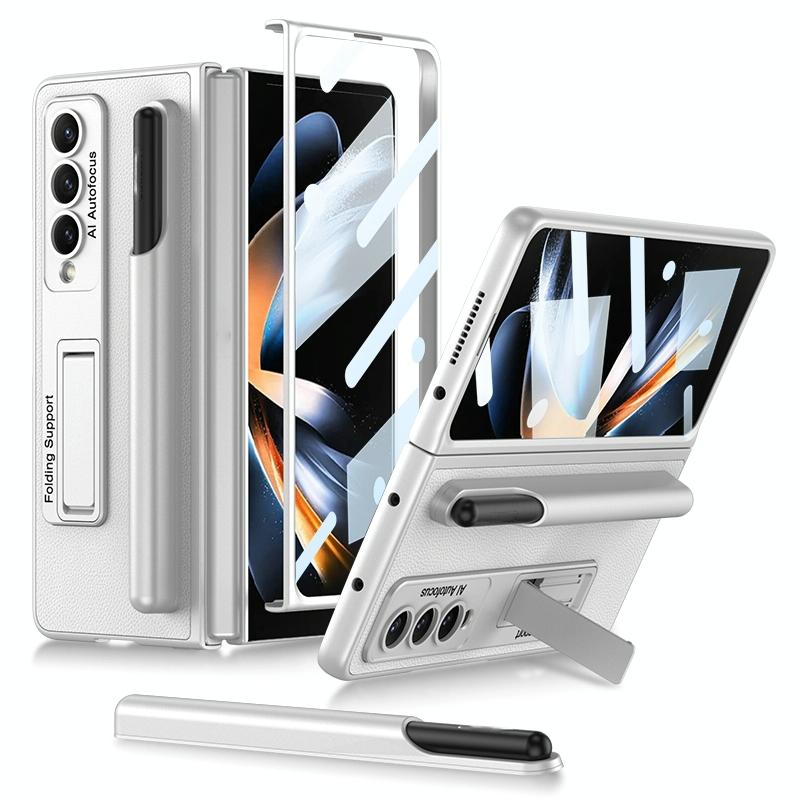 For Samsung Galaxy Z Fold4 5G Leather Case With Holder & Pen Slots - Thin & Shockproof - Carbon Fiber Texture
