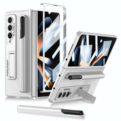 For Samsung Galaxy Z Fold4 5G Leather Case With Holder & Pen Slots - Thin & Shockproof - Carbon Fiber Texture