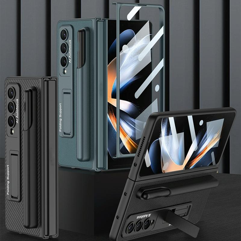For Samsung Galaxy Z Fold4 5G Leather Case With Holder & Pen Slots - Thin & Shockproof - Carbon Fiber Texture
